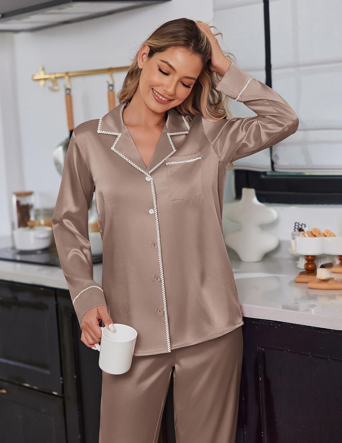 image:imageEkouaer Satin Pajama Set for Women Silk Sleepwear Long Sleeve Top and Pants Button Down Pjs Lounge SetBrown
