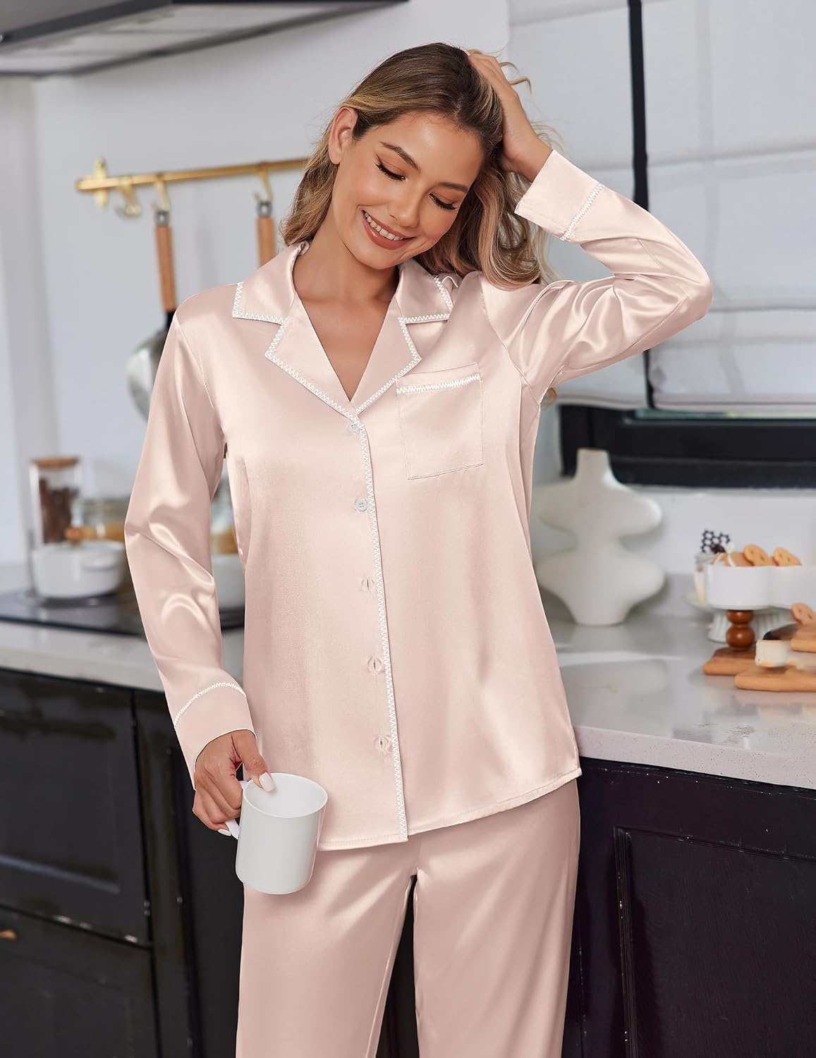 image:imageEkouaer Satin Pajama Set for Women Silk Sleepwear Long Sleeve Top and Pants Button Down Pjs Lounge SetChampagne