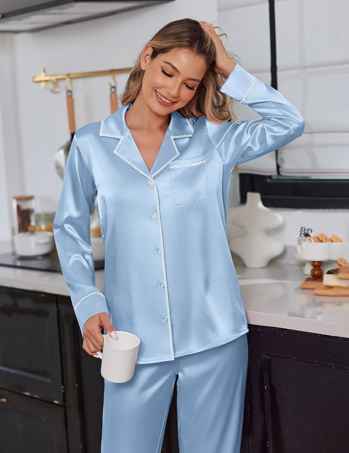 image:imageEkouaer Satin Pajama Set for Women Silk Sleepwear Long Sleeve Top and Pants Button Down Pjs Lounge SetClear Blue