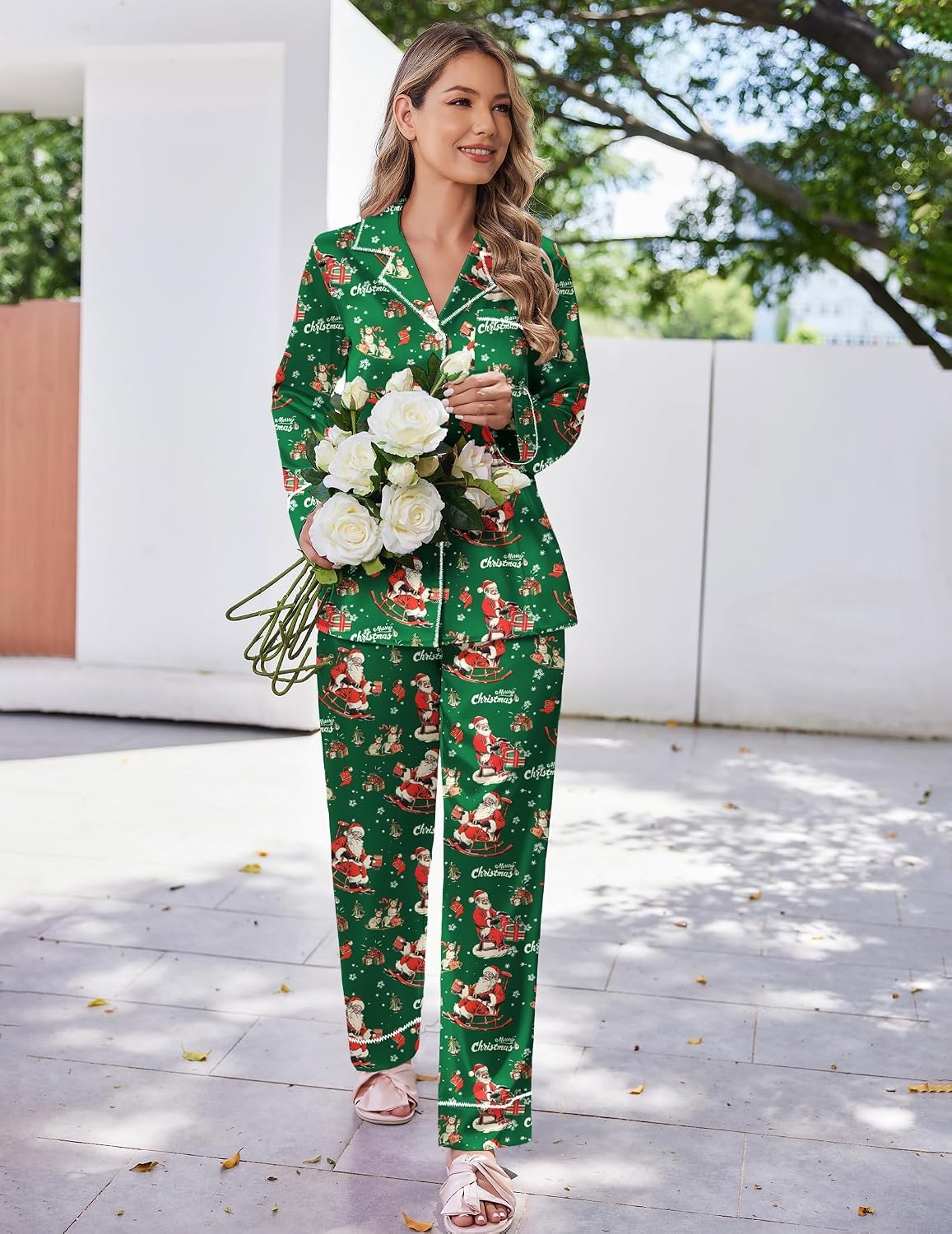 image:imageEkouaer Satin Pajama Set for Women Silk Sleepwear Long Sleeve Top and Pants Button Down Pjs Lounge SetGreen Christmas