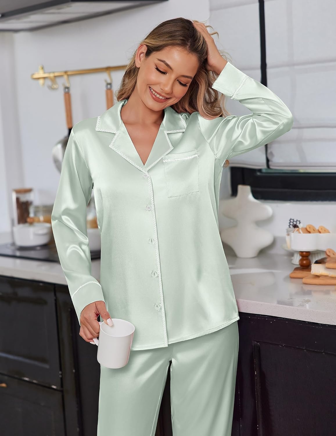 image:imageEkouaer Satin Pajama Set for Women Silk Sleepwear Long Sleeve Top and Pants Button Down Pjs Lounge SetLight Green