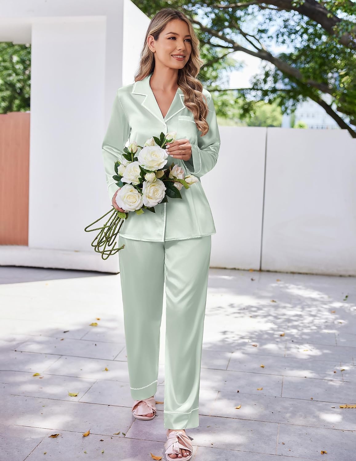 image:imageEkouaer Satin Pajama Set for Women Silk Sleepwear Long Sleeve Top and Pants Button Down Pjs Lounge SetLight Green