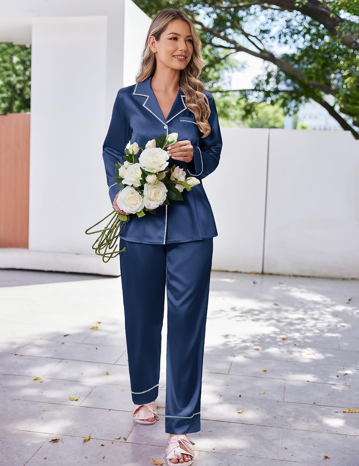image:imageEkouaer Satin Pajama Set for Women Silk Sleepwear Long Sleeve Top and Pants Button Down Pjs Lounge SetNavy Blue