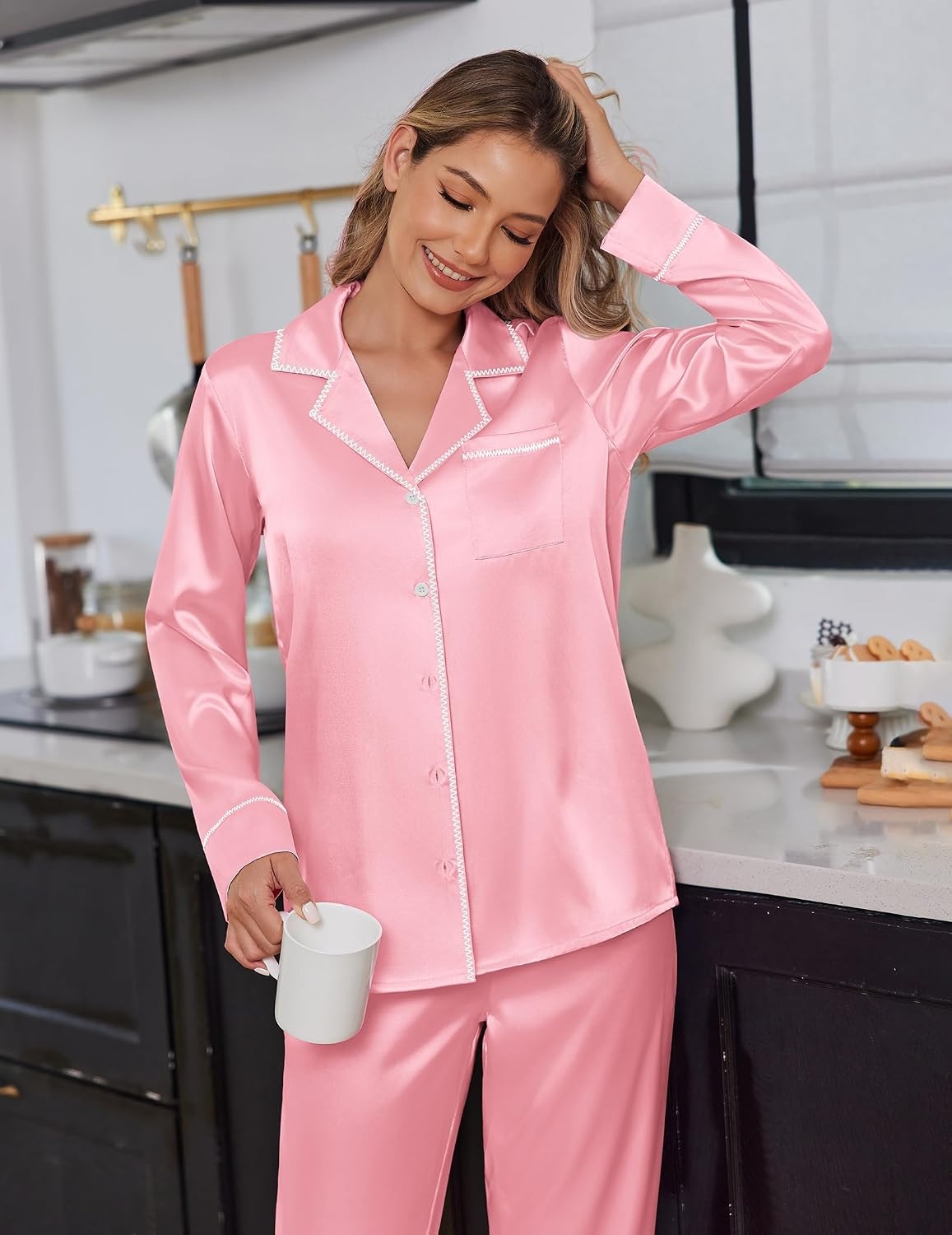 image:imageEkouaer Satin Pajama Set for Women Silk Sleepwear Long Sleeve Top and Pants Button Down Pjs Lounge SetPink