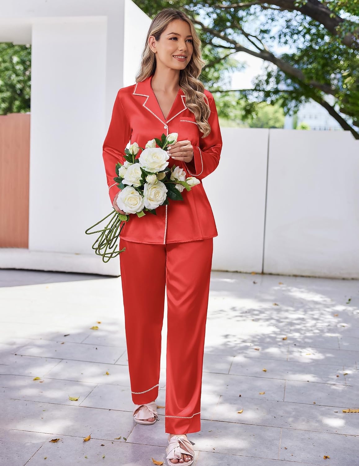image:imageEkouaer Satin Pajama Set for Women Silk Sleepwear Long Sleeve Top and Pants Button Down Pjs Lounge SetRed