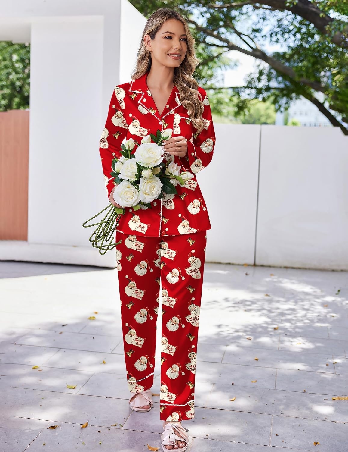 image:imageEkouaer Satin Pajama Set for Women Silk Sleepwear Long Sleeve Top and Pants Button Down Pjs Lounge SetRed Christmas