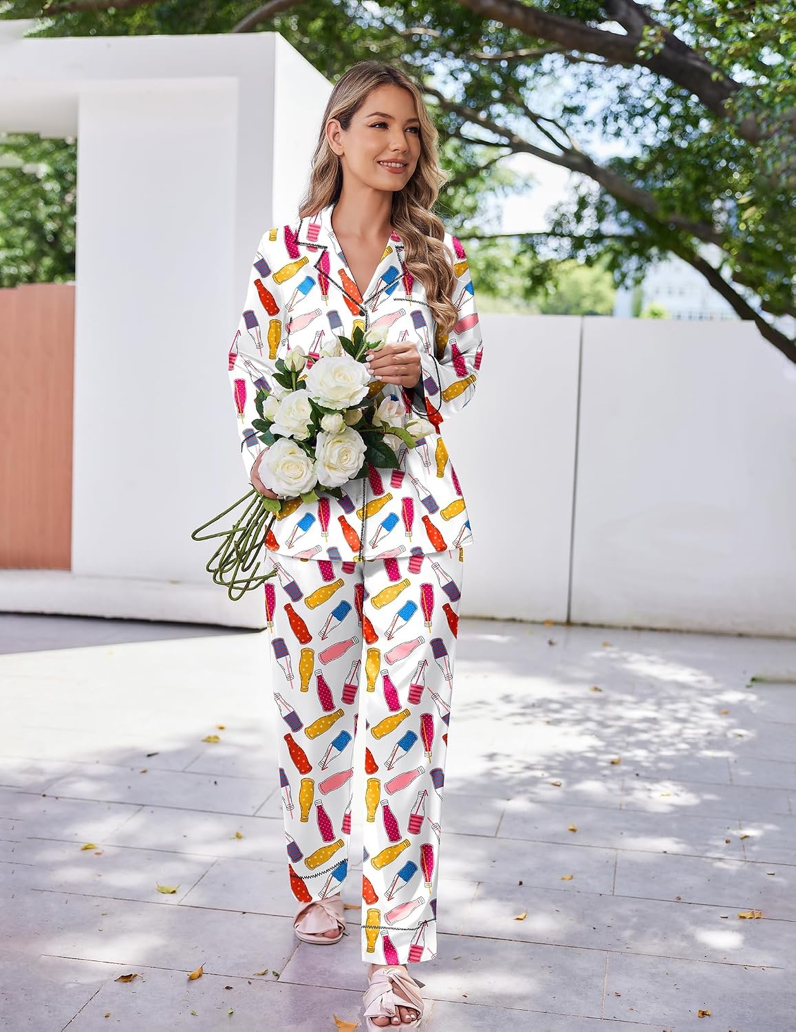 image:imageEkouaer Satin Pajama Set for Women Silk Sleepwear Long Sleeve Top and Pants Button Down Pjs Lounge SetWhite Bottles