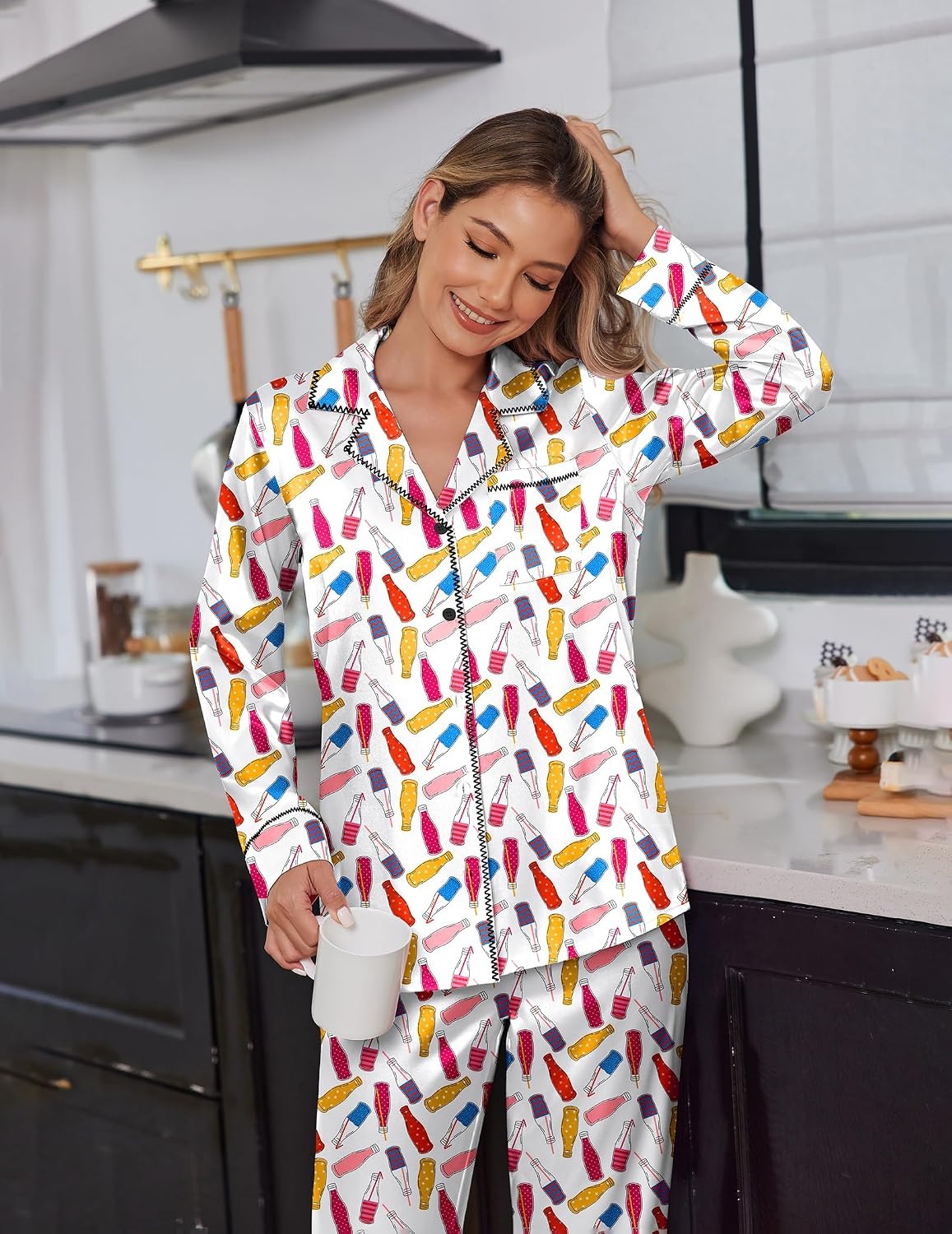 image:imageEkouaer Satin Pajama Set for Women Silk Sleepwear Long Sleeve Top and Pants Button Down Pjs Lounge SetWhite Bottles