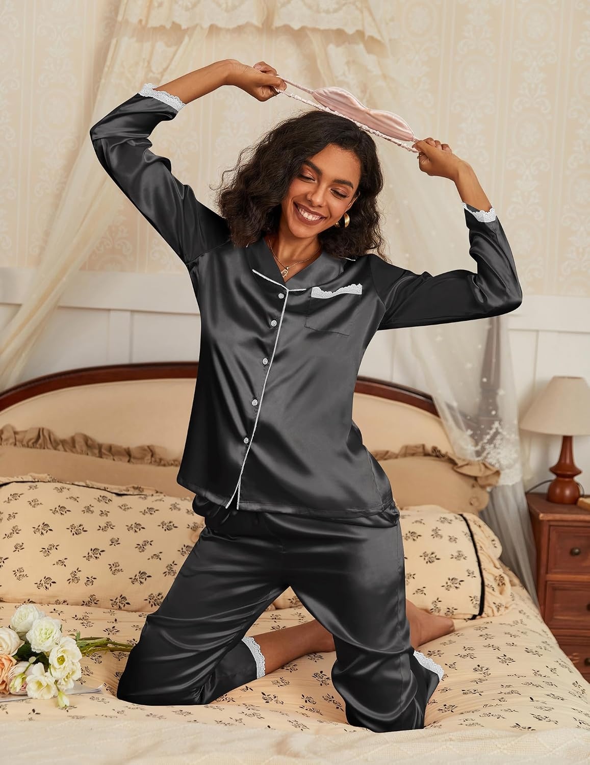 image:imageEkouaer Satin Pajamas for Women Silk Long Sleeve Sleepwear Button Down Loungewear 2 Pieces Lace Soft Pjs SetBlack