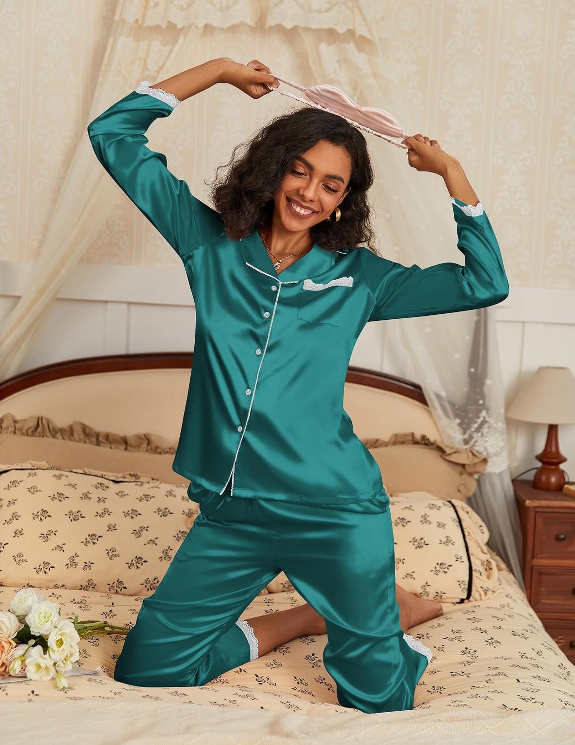 image:imageEkouaer Satin Pajamas for Women Silk Long Sleeve Sleepwear Button Down Loungewear 2 Pieces Lace Soft Pjs SetBlue Green