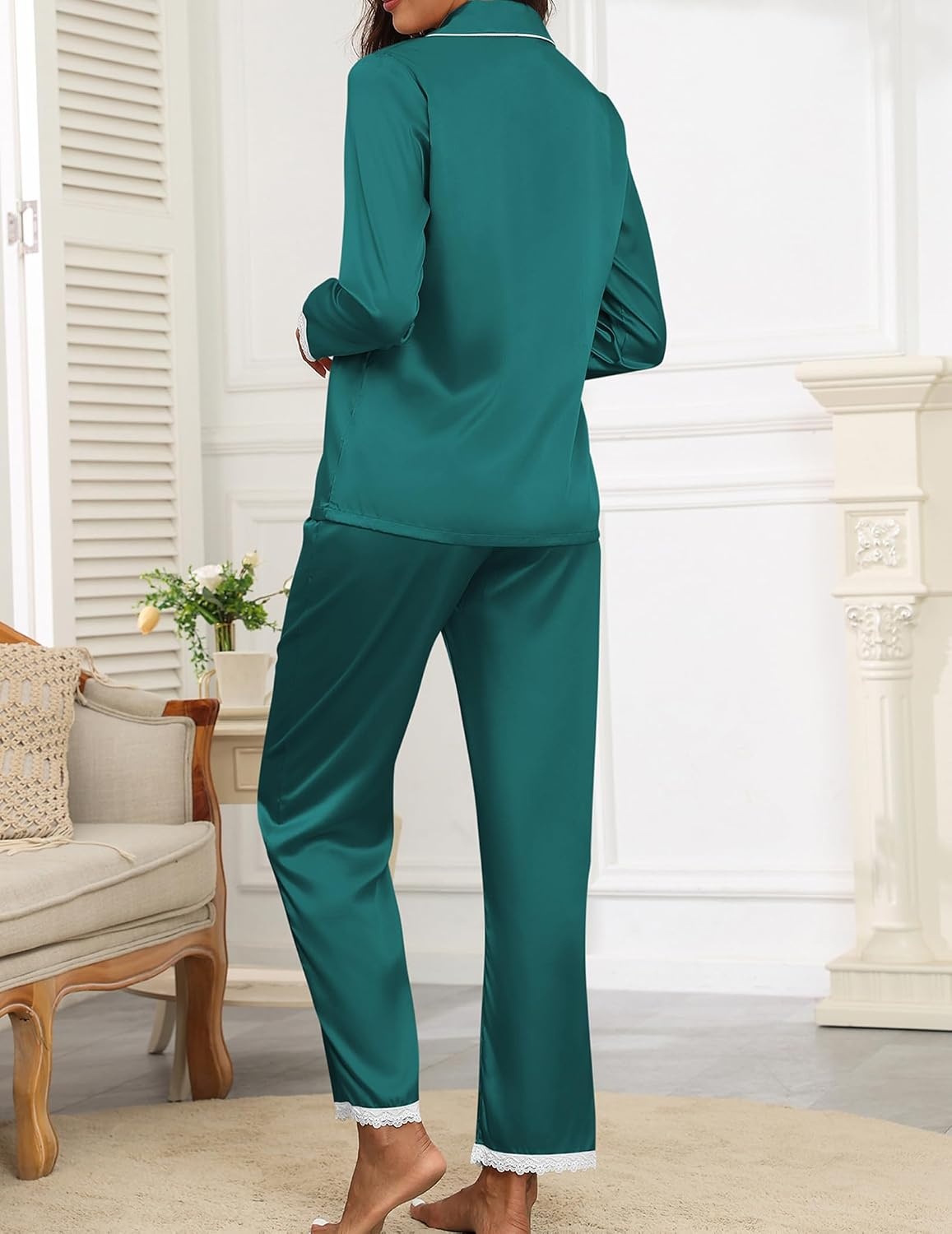 image:imageEkouaer Satin Pajamas for Women Silk Long Sleeve Sleepwear Button Down Loungewear 2 Pieces Lace Soft Pjs SetBlue Green
