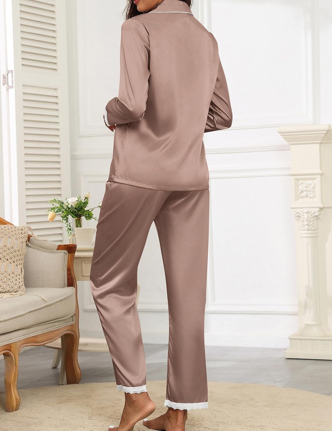 image:imageEkouaer Satin Pajamas for Women Silk Long Sleeve Sleepwear Button Down Loungewear 2 Pieces Lace Soft Pjs SetBrown