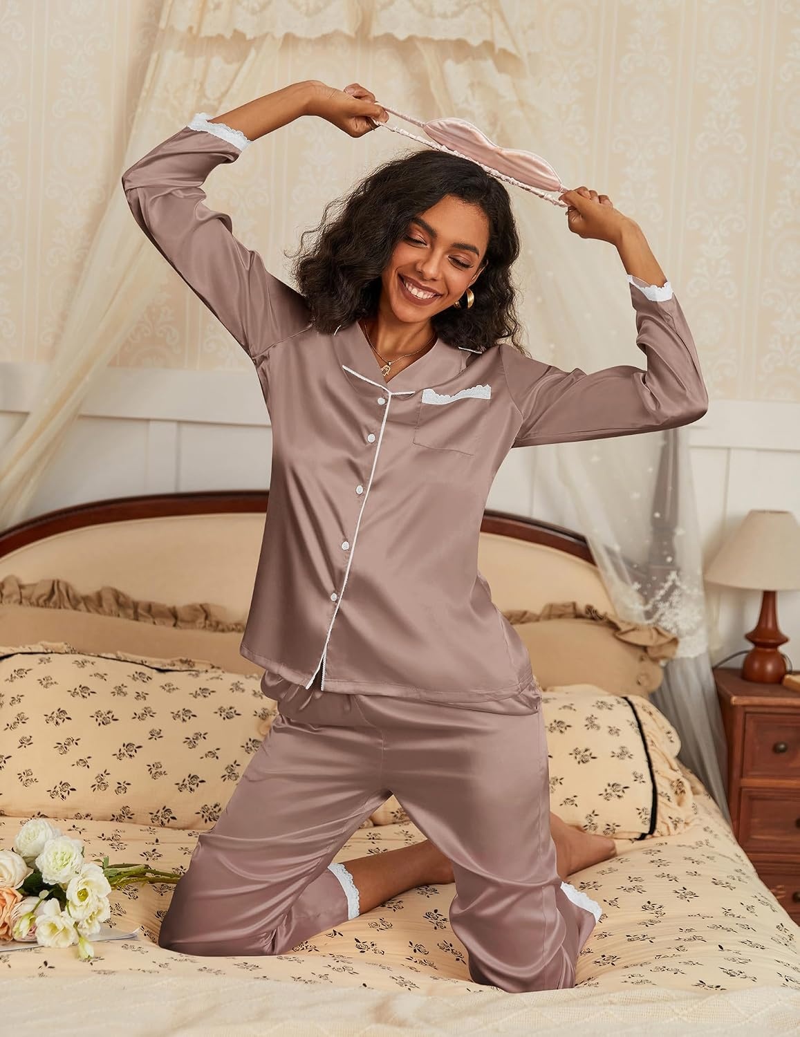 image:imageEkouaer Satin Pajamas for Women Silk Long Sleeve Sleepwear Button Down Loungewear 2 Pieces Lace Soft Pjs SetBrown
