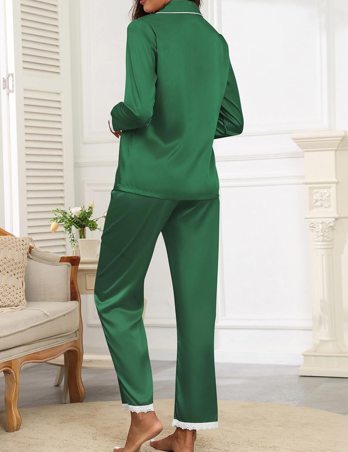 image:imageEkouaer Satin Pajamas for Women Silk Long Sleeve Sleepwear Button Down Loungewear 2 Pieces Lace Soft Pjs SetDeep Green