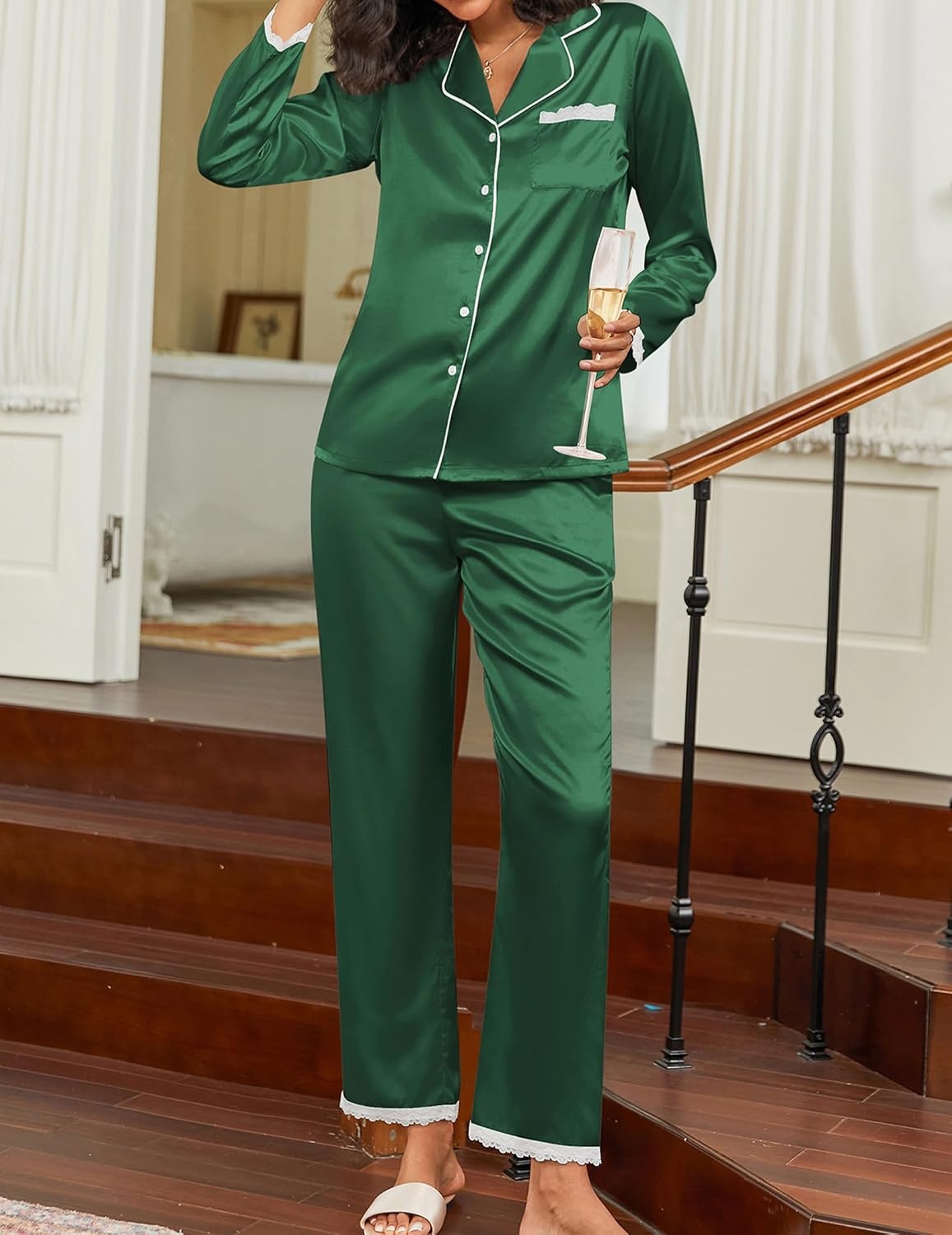 image:imageEkouaer Satin Pajamas for Women Silk Long Sleeve Sleepwear Button Down Loungewear 2 Pieces Lace Soft Pjs SetDeep Green