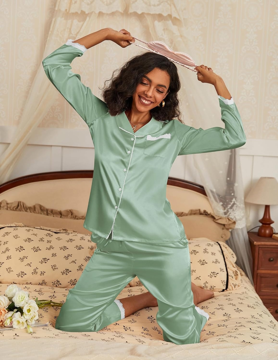 image:imageEkouaer Satin Pajamas for Women Silk Long Sleeve Sleepwear Button Down Loungewear 2 Pieces Lace Soft Pjs SetIce Green