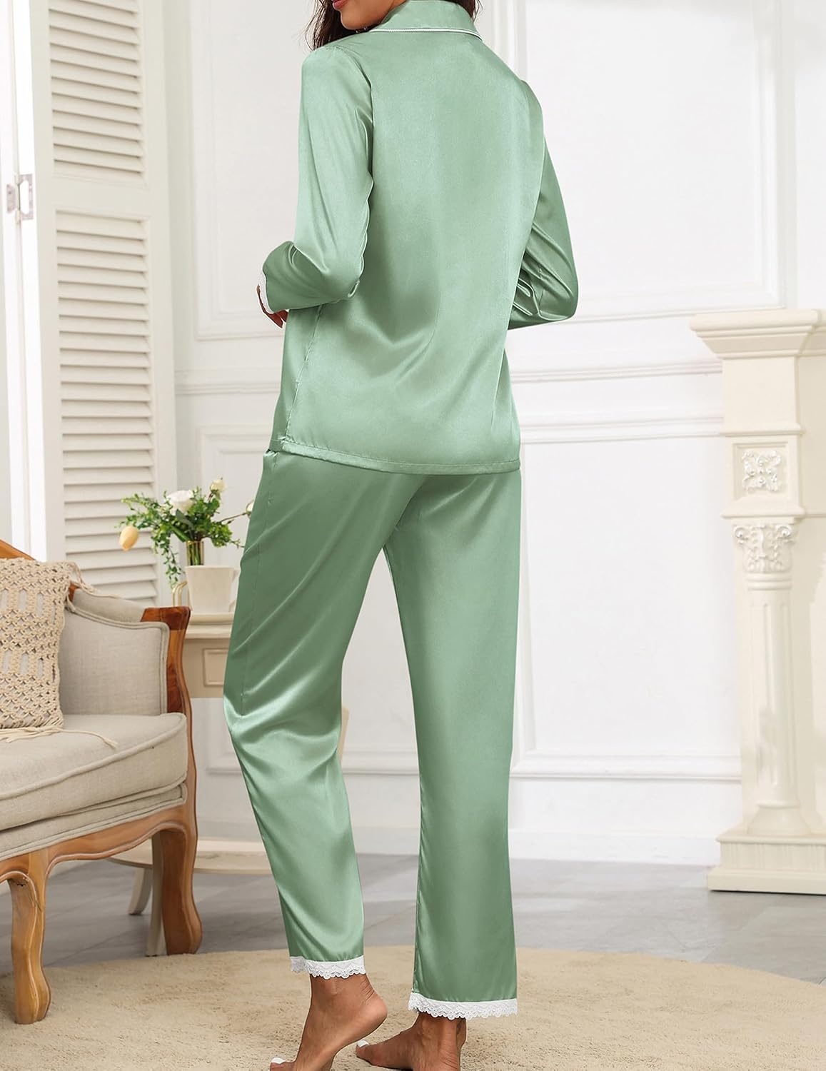 image:imageEkouaer Satin Pajamas for Women Silk Long Sleeve Sleepwear Button Down Loungewear 2 Pieces Lace Soft Pjs SetIce Green