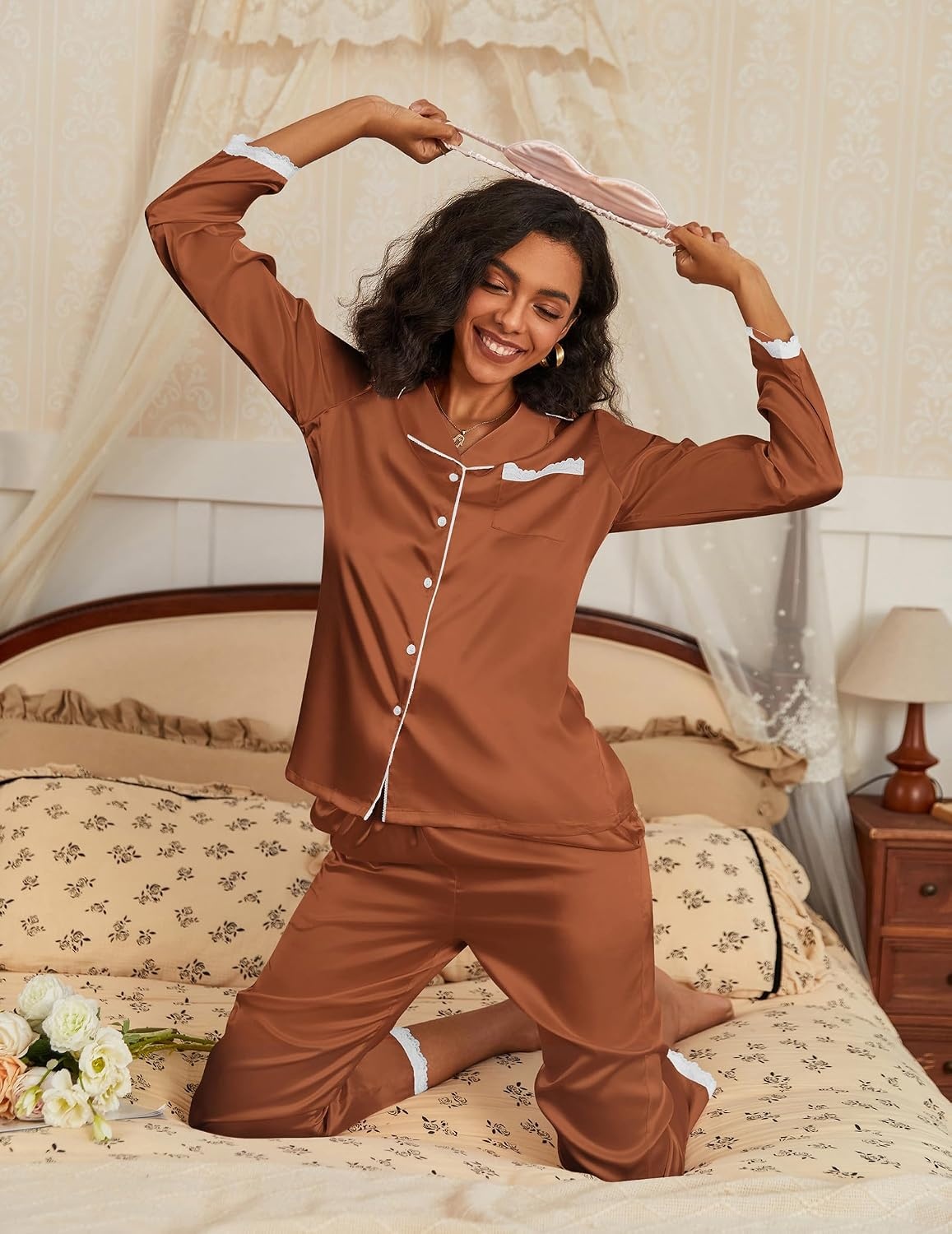 image:imageEkouaer Satin Pajamas for Women Silk Long Sleeve Sleepwear Button Down Loungewear 2 Pieces Lace Soft Pjs SetLight Brown