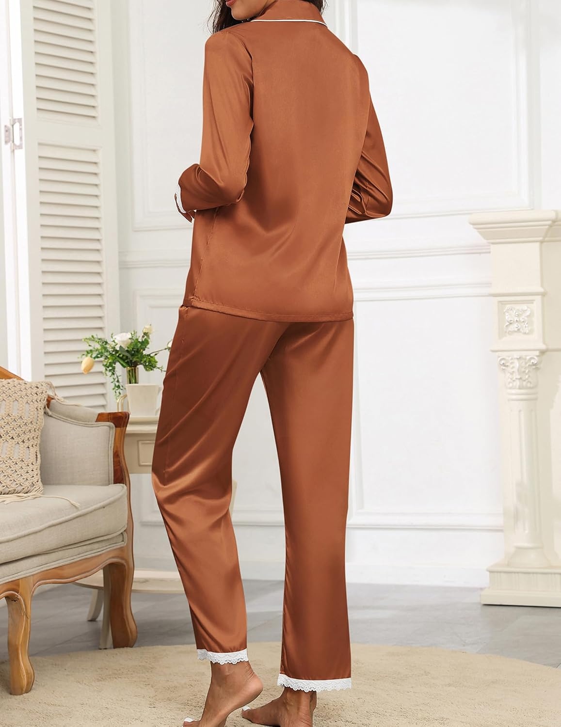 image:imageEkouaer Satin Pajamas for Women Silk Long Sleeve Sleepwear Button Down Loungewear 2 Pieces Lace Soft Pjs SetLight Brown