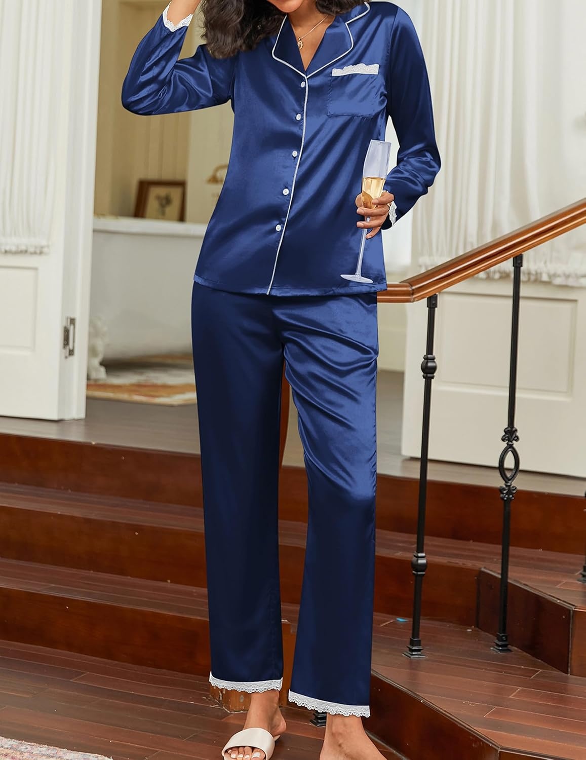 image:imageEkouaer Satin Pajamas for Women Silk Long Sleeve Sleepwear Button Down Loungewear 2 Pieces Lace Soft Pjs SetNavy Blue
