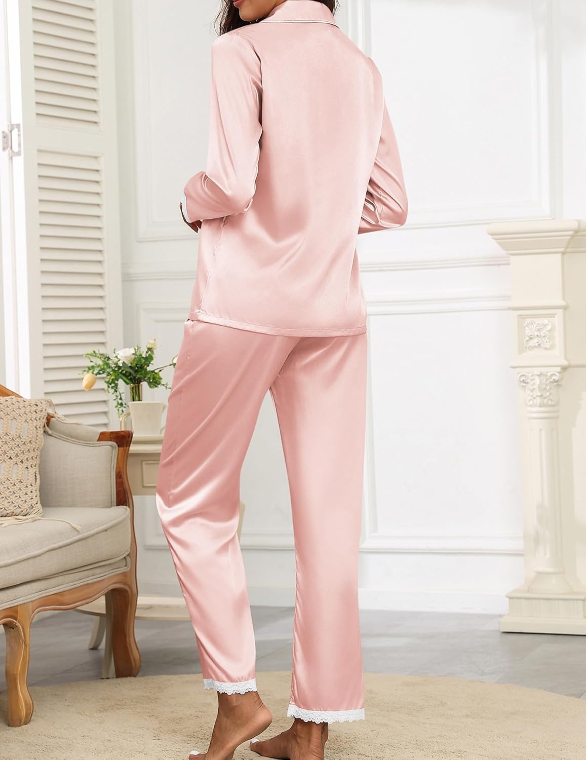image:imageEkouaer Satin Pajamas for Women Silk Long Sleeve Sleepwear Button Down Loungewear 2 Pieces Lace Soft Pjs SetPink