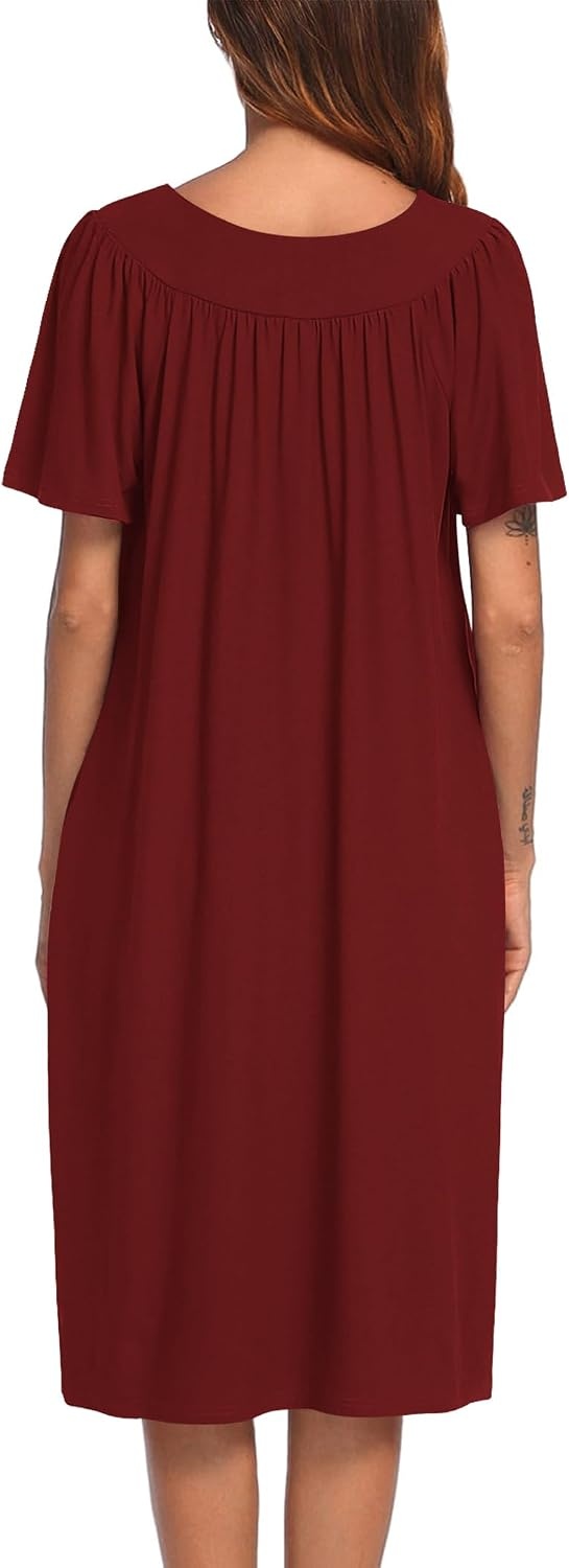 image:imageEkouaer Womens House Dress with Pockets Nightgowns for Women Short Sleeve Moo Moos Floral Night Gown for Old Lady Elderly Grandma on Mothers Day Home GardenWine Red