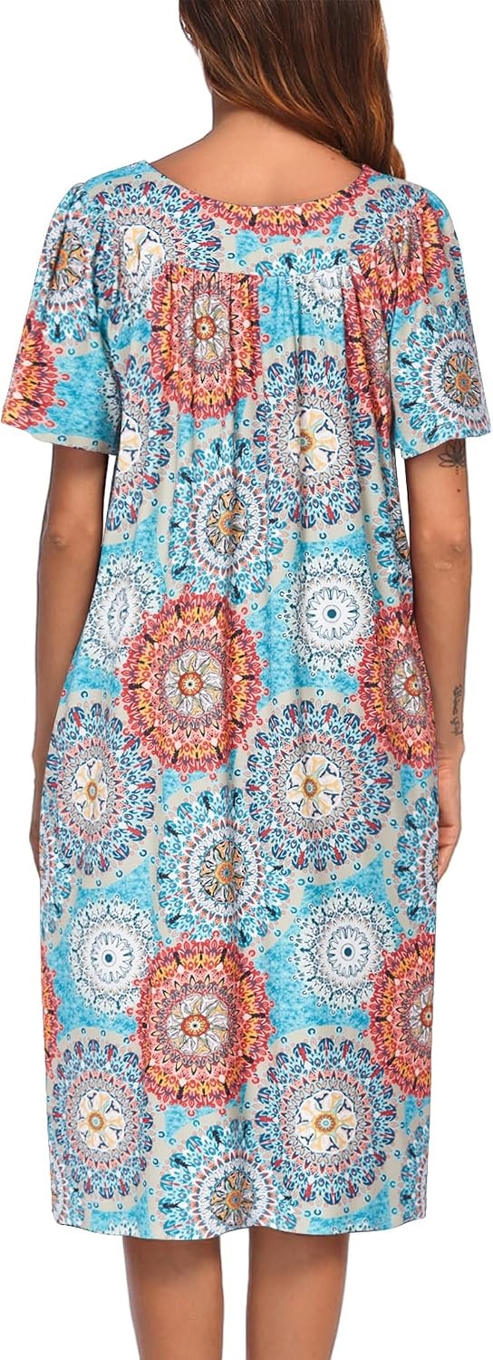 image:imageEkouaer Womens House Dress with Pockets Nightgowns for Women Short Sleeve Moo Moos Floral Night Gown for Old Lady Elderly Grandma on Mothers Day Home GardenRound Blue Floral