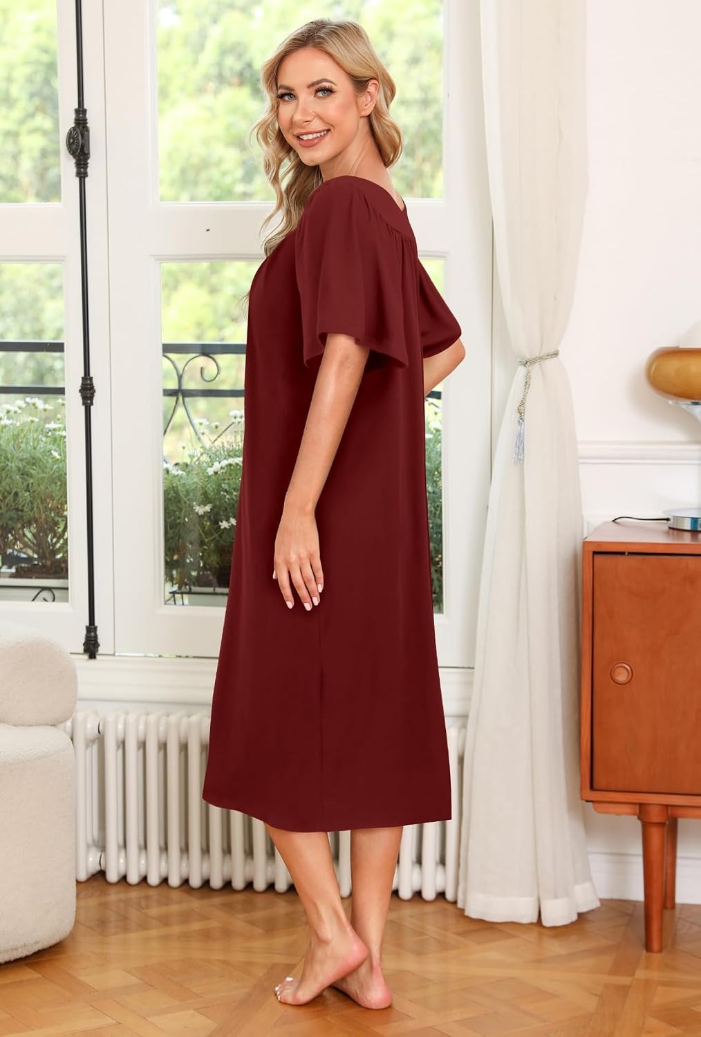 image:imageEkouaer Womens House Dress with Pockets Nightgowns for Women Short Sleeve Moo Moos Floral Night Gown for Old Lady Elderly Grandma on Mothers Day Home GardenWine Red