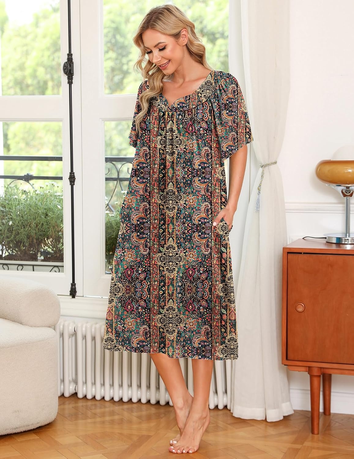 image:imageEkouaer Womens House Dress with Pockets Nightgowns for Women Short Sleeve Moo Moos Floral Night Gown for Old Lady Elderly Grandma on Mothers Day Home GardenFloral Multicolor