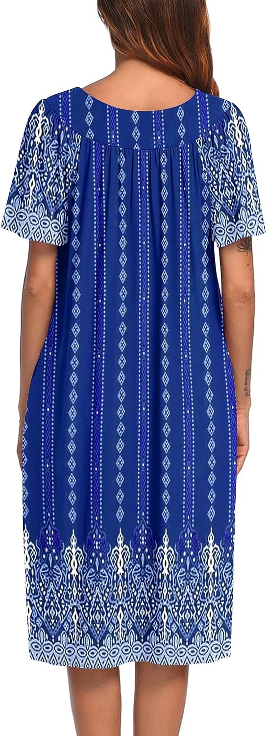 image:imageEkouaer Womens House Dress with Pockets Nightgowns for Women Short Sleeve Moo Moos Floral Night Gown for Old Lady Elderly Grandma on Mothers Day Home GardenBlue Ethnic Flower