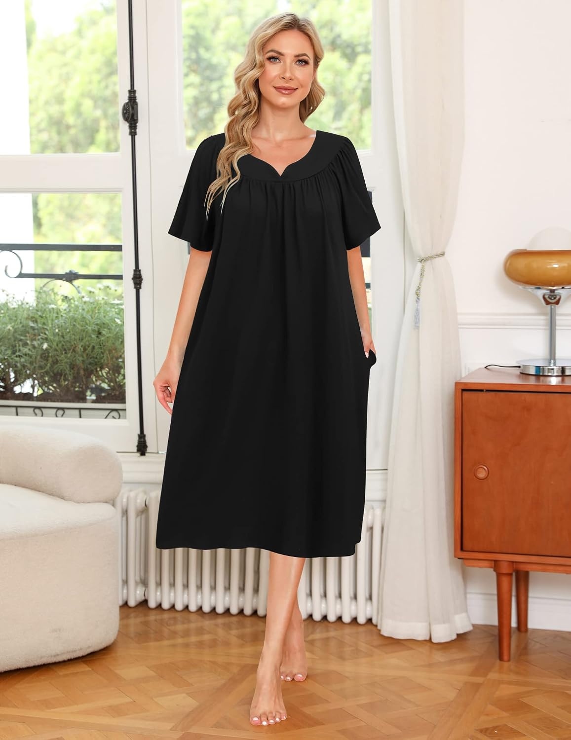 image:imageEkouaer Womens House Dress with Pockets Nightgowns for Women Short Sleeve Moo Moos Floral Night Gown for Old Lady Elderly Grandma on Mothers Day Home GardenBlack