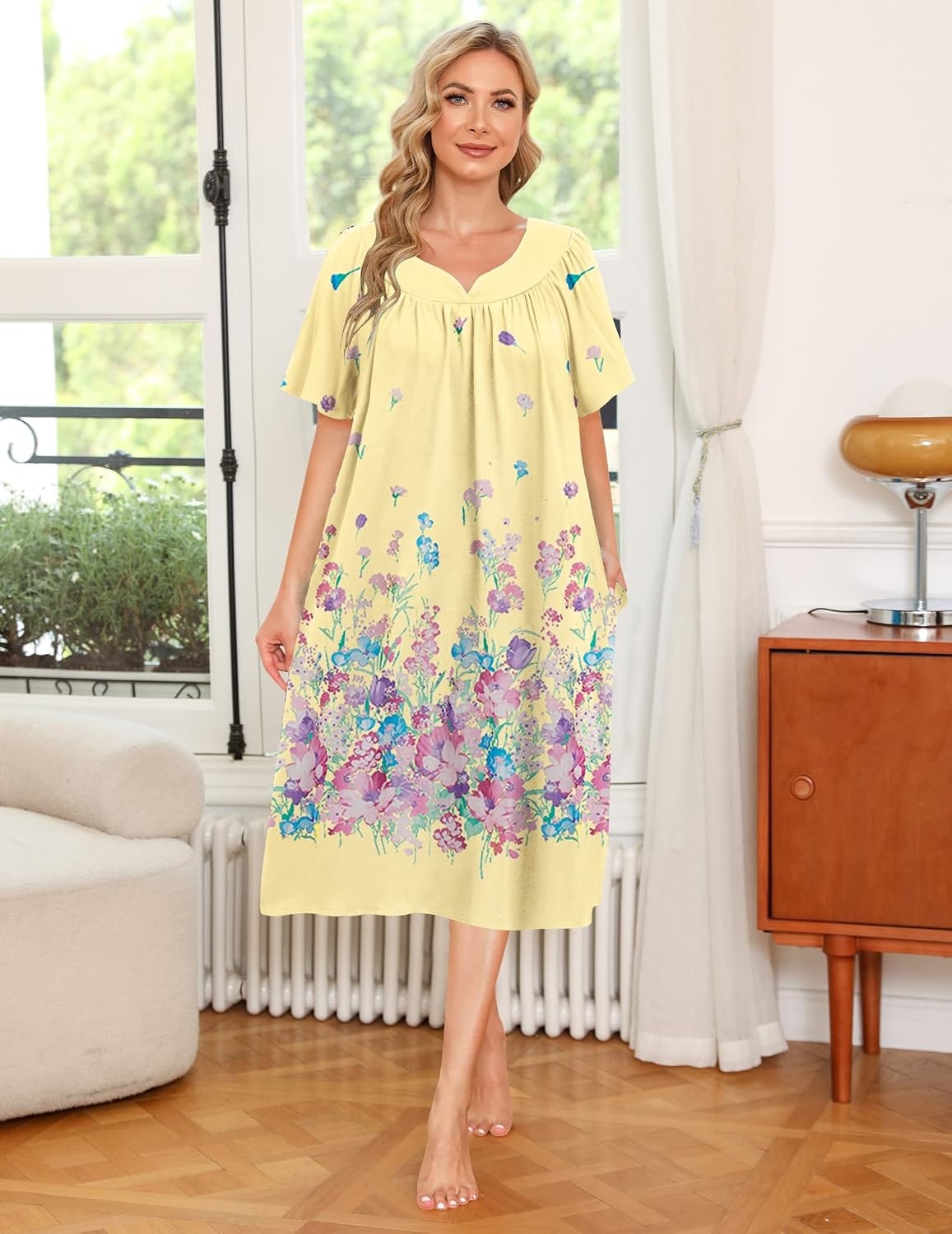 image:imageEkouaer Womens House Dress with Pockets Nightgowns for Women Short Sleeve Moo Moos Floral Night Gown for Old Lady Elderly Grandma on Mothers Day Home GardenYellow Butterfly