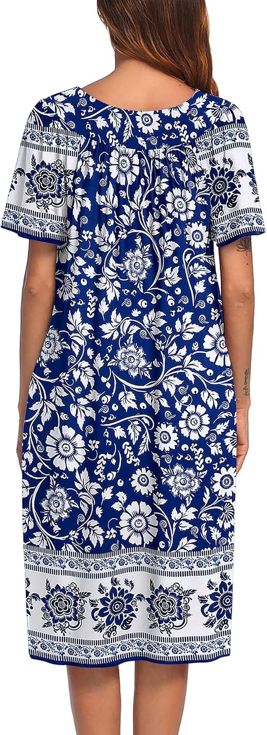 image:imageEkouaer Womens House Dress with Pockets Nightgowns for Women Short Sleeve Moo Moos Floral Night Gown for Old Lady Elderly Grandma on Mothers Day Home GardenWhite Boho