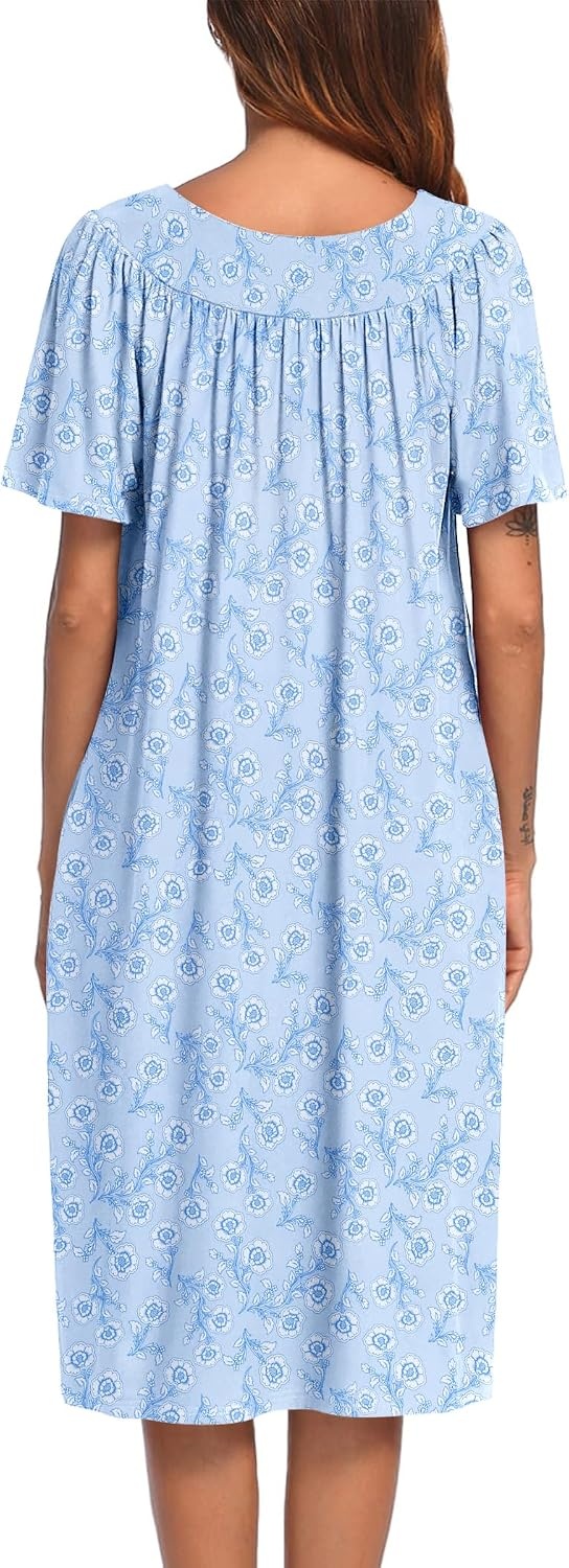 image:imageEkouaer Womens House Dress with Pockets Nightgowns for Women Short Sleeve Moo Moos Floral Night Gown for Old Lady Elderly Grandma on Mothers Day Home GardenBlue White Floral