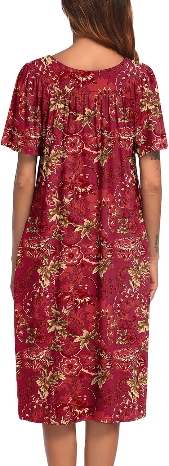 image:imageEkouaer Womens House Dress with Pockets Nightgowns for Women Short Sleeve Moo Moos Floral Night Gown for Old Lady Elderly Grandma on Mothers Day Home GardenRed Floral