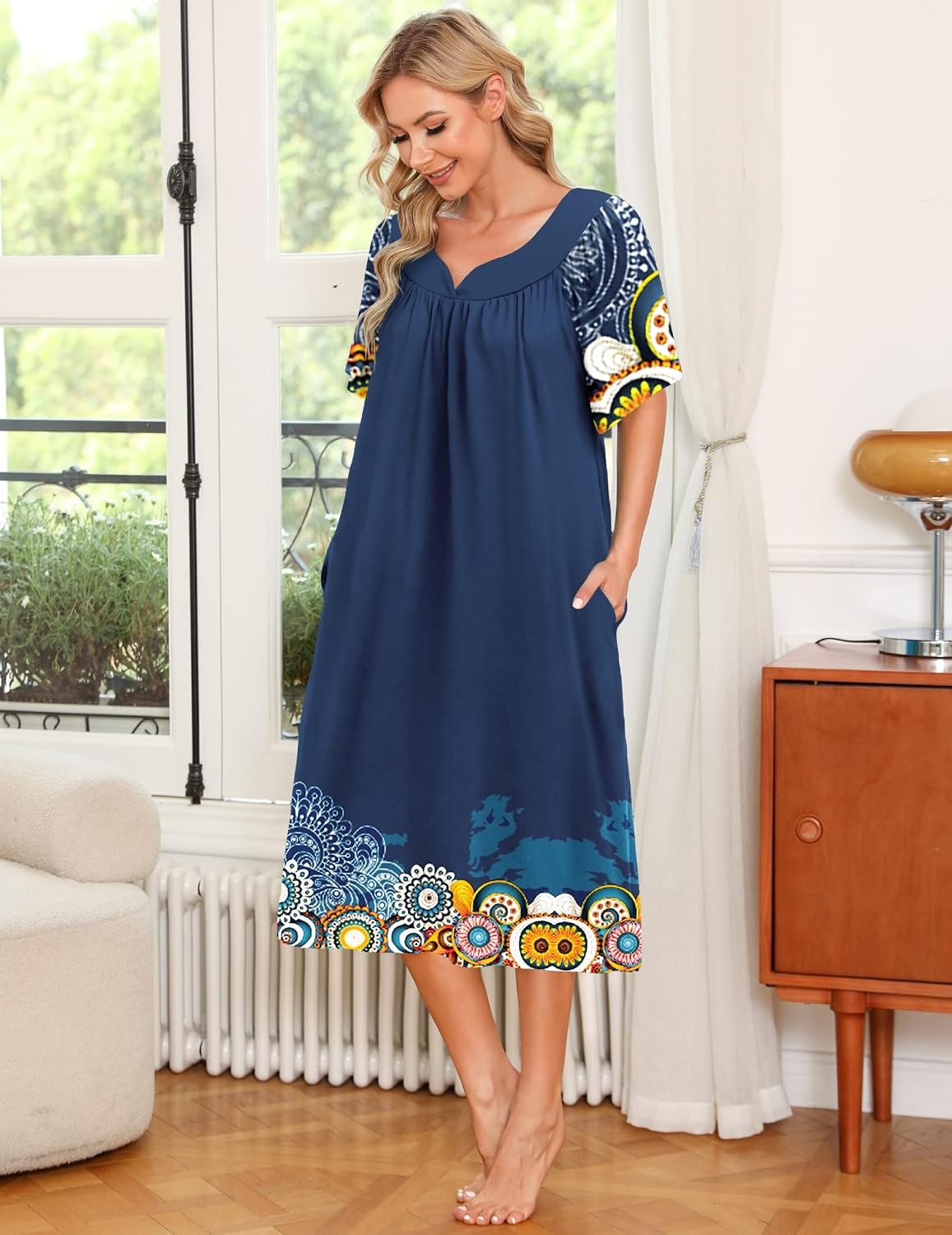image:imageEkouaer Womens House Dress with Pockets Nightgowns for Women Short Sleeve Moo Moos Floral Night Gown for Old Lady Elderly Grandma on Mothers Day Home GardenMandola