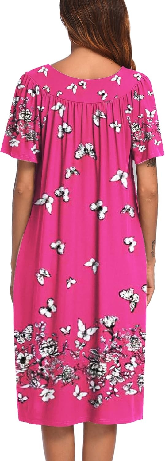 image:imageEkouaer Womens House Dress with Pockets Nightgowns for Women Short Sleeve Moo Moos Floral Night Gown for Old Lady Elderly Grandma on Mothers Day Home GardenRose Red Butterfly