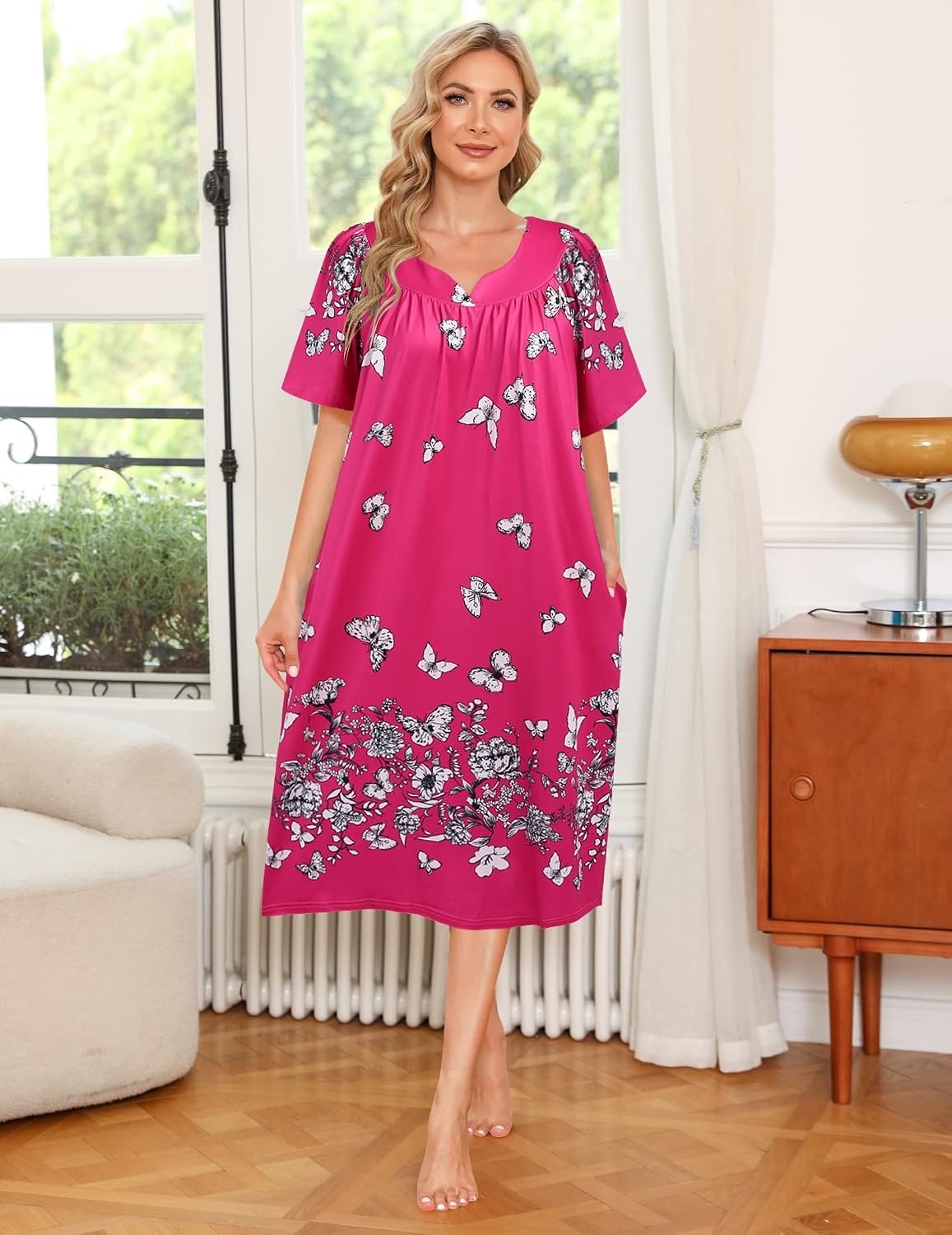 image:imageEkouaer Womens House Dress with Pockets Nightgowns for Women Short Sleeve Moo Moos Floral Night Gown for Old Lady Elderly Grandma on Mothers Day Home GardenRose Red Butterfly