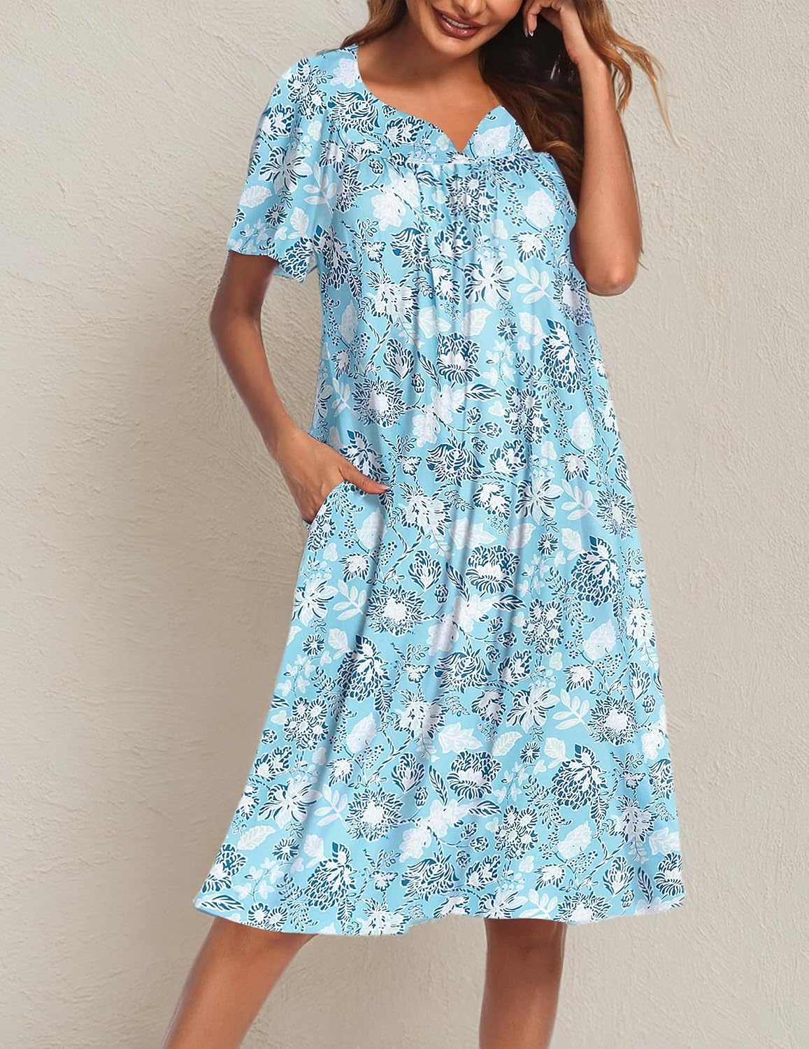image:imageEkouaer Womens House Dress with Pockets Nightgowns for Women Short Sleeve Moo Moos Floral Night Gown for Old Lady Elderly Grandma on Mothers Day Home GardenTurquoise Floral