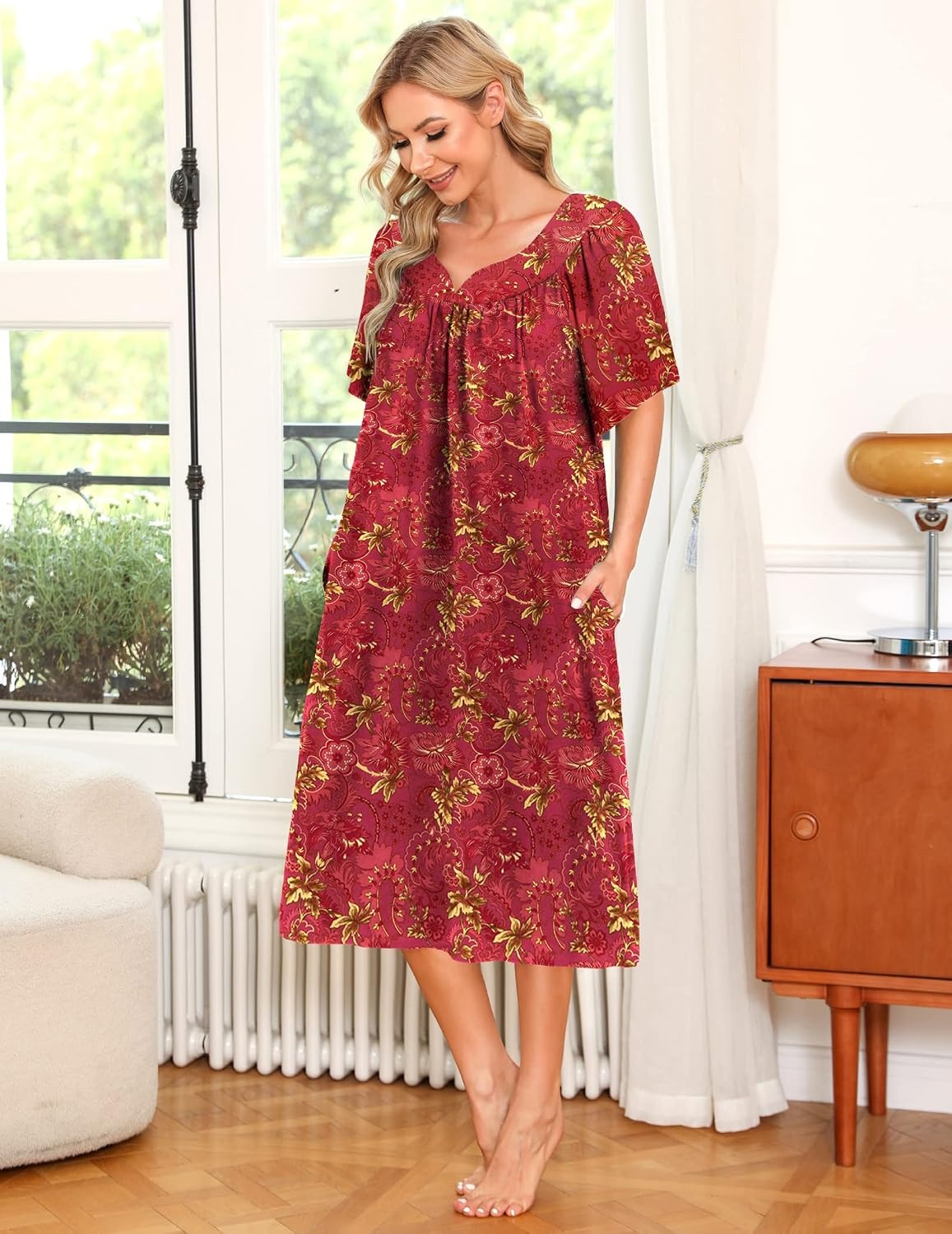 image:imageEkouaer Womens House Dress with Pockets Nightgowns for Women Short Sleeve Moo Moos Floral Night Gown for Old Lady Elderly Grandma on Mothers Day Home GardenRed Floral