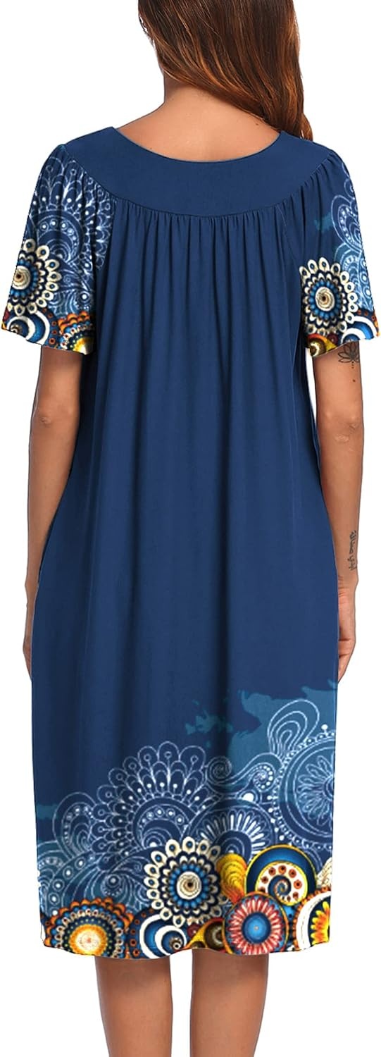 image:imageEkouaer Womens House Dress with Pockets Nightgowns for Women Short Sleeve Moo Moos Floral Night Gown for Old Lady Elderly Grandma on Mothers Day Home GardenMandola
