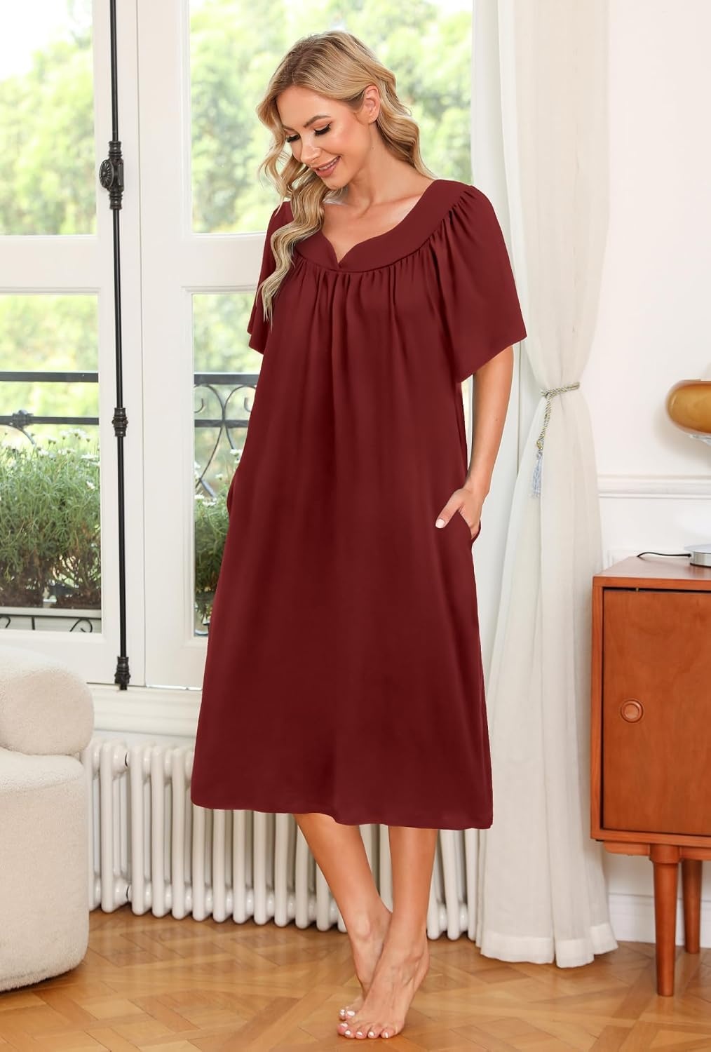image:imageEkouaer Womens House Dress with Pockets Nightgowns for Women Short Sleeve Moo Moos Floral Night Gown for Old Lady Elderly Grandma on Mothers Day Home GardenWine Red