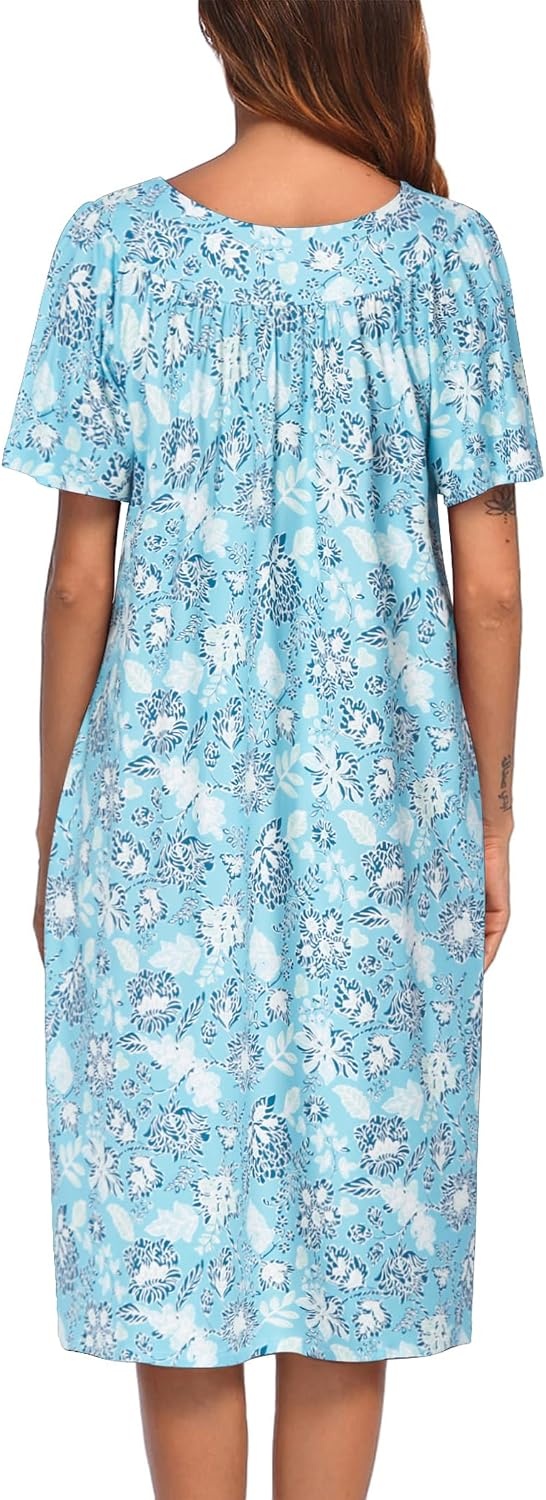 image:imageEkouaer Womens House Dress with Pockets Nightgowns for Women Short Sleeve Moo Moos Floral Night Gown for Old Lady Elderly Grandma on Mothers Day Home GardenTurquoise Floral