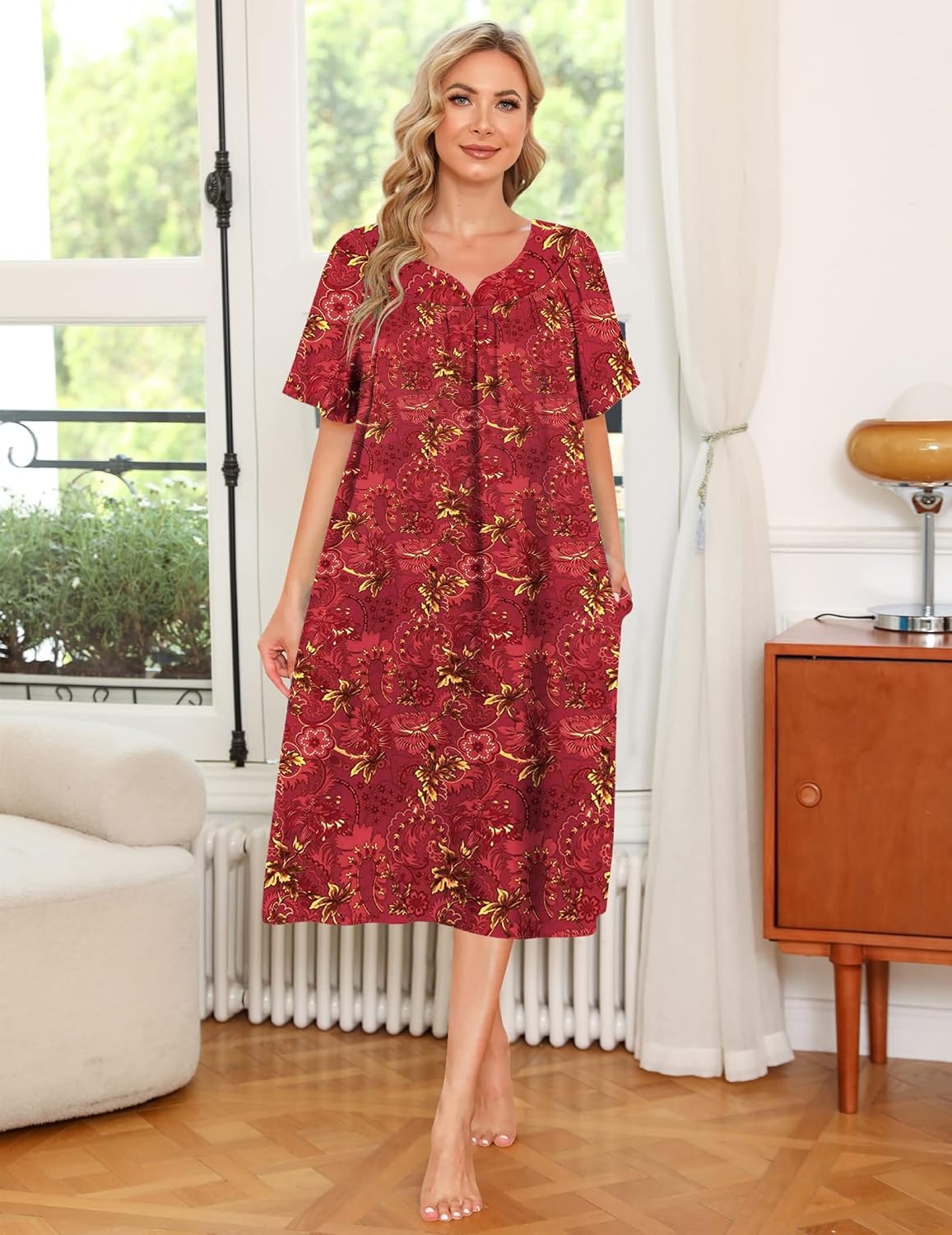 image:imageEkouaer Womens House Dress with Pockets Nightgowns for Women Short Sleeve Moo Moos Floral Night Gown for Old Lady Elderly Grandma on Mothers Day Home GardenRed Floral