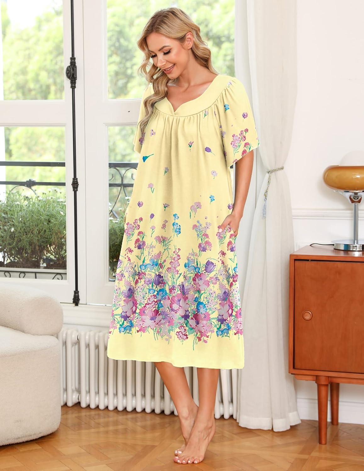 image:imageEkouaer Womens House Dress with Pockets Nightgowns for Women Short Sleeve Moo Moos Floral Night Gown for Old Lady Elderly Grandma on Mothers Day Home GardenYellow Butterfly