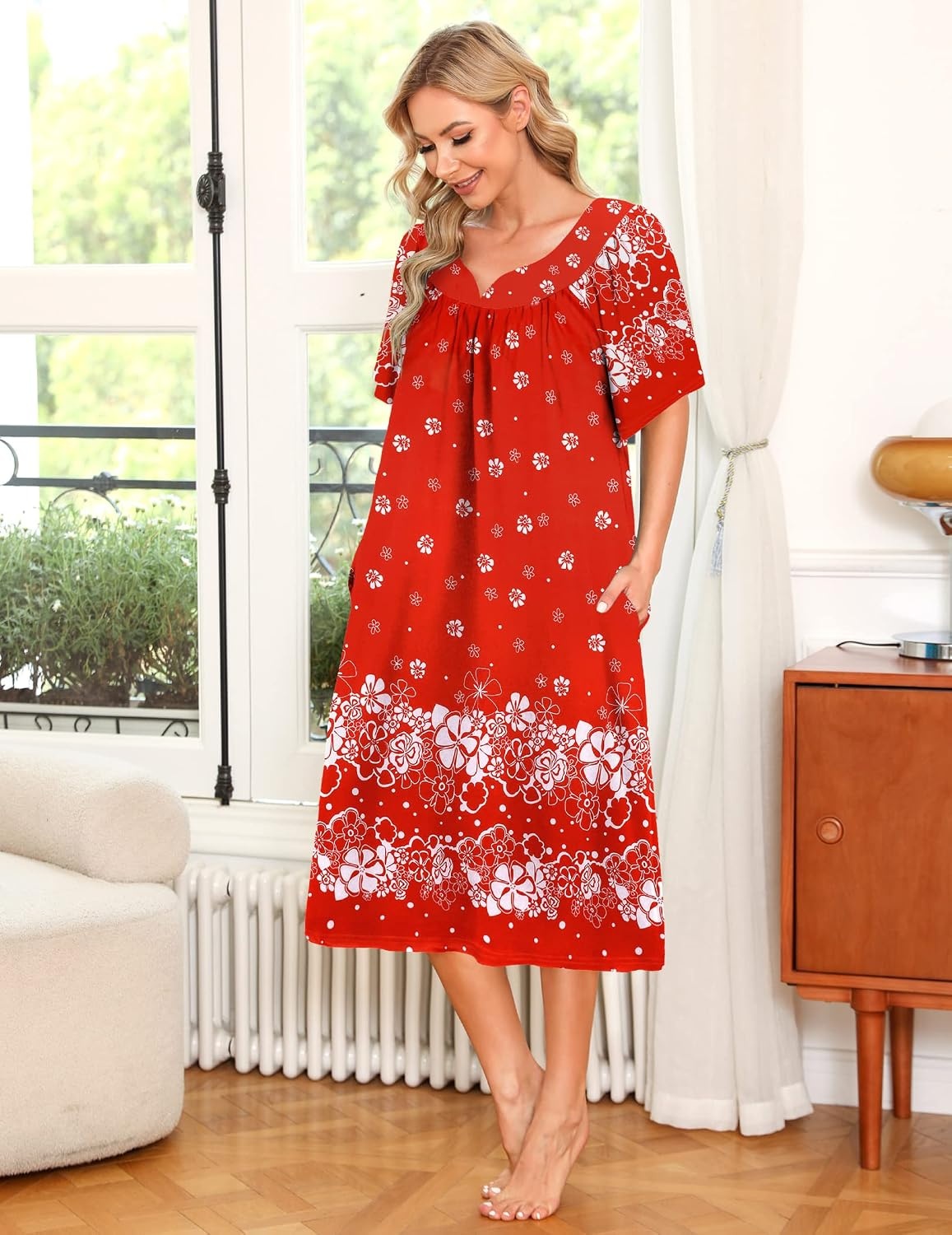image:imageEkouaer Womens House Dress with Pockets Nightgowns for Women Short Sleeve Moo Moos Floral Night Gown for Old Lady Elderly Grandma on Mothers Day Home GardenChristmas Print