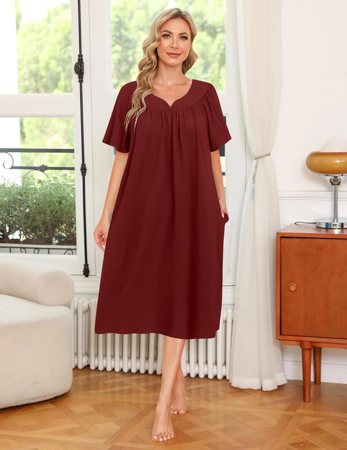 image:imageEkouaer Womens House Dress with Pockets Nightgowns for Women Short Sleeve Moo Moos Floral Night Gown for Old Lady Elderly Grandma on Mothers Day Home GardenWine Red