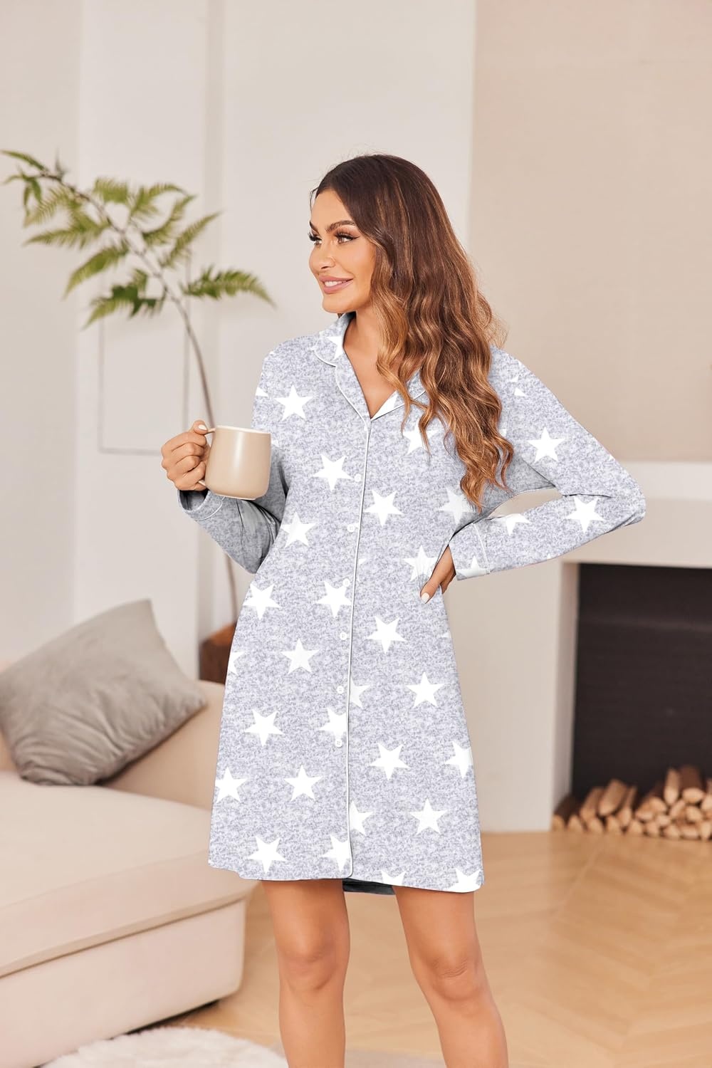 image:imageEkouaer Womens Nightgown Long Sleeve Nightshirt Soft Button Down Sleepshirt Notch Collar Boyfrend Sleepwear Maternity Nursing Nightgown Delivery Pajama Shirt Bridal Night Dress Classic LoungewearGray Star