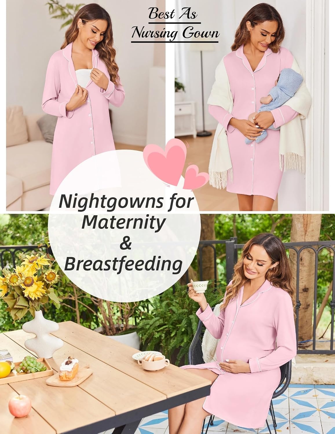 image:imageEkouaer Womens Nightgown Long Sleeve Nightshirt Soft Button Down Sleepshirt Notch Collar Boyfrend Sleepwear Maternity Nursing Nightgown Delivery Pajama Shirt Bridal Night Dress Classic LoungewearMisty Rose