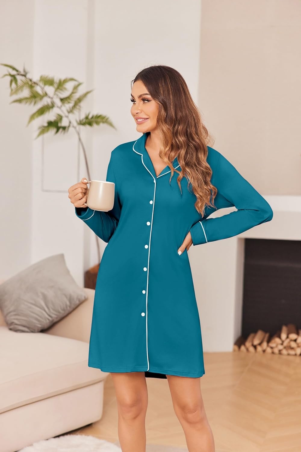 image:imageEkouaer Womens Nightgown Long Sleeve Nightshirt Soft Button Down Sleepshirt Notch Collar Boyfrend Sleepwear Maternity Nursing Nightgown Delivery Pajama Shirt Bridal Night Dress Classic LoungewearBlue Green